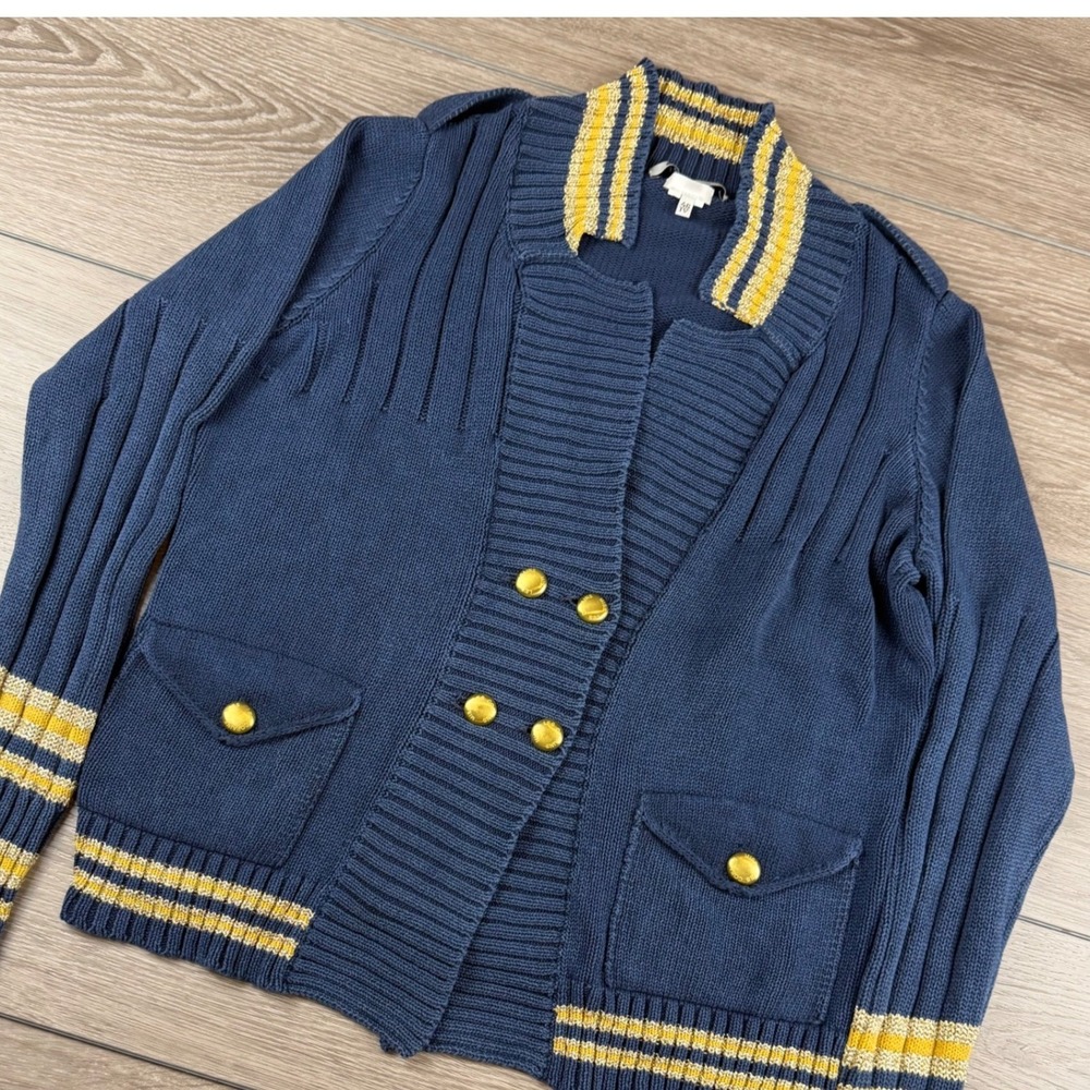 Miss Les Copains Women Cardigan Sweater Military Gold Button Navy Blue Size 46